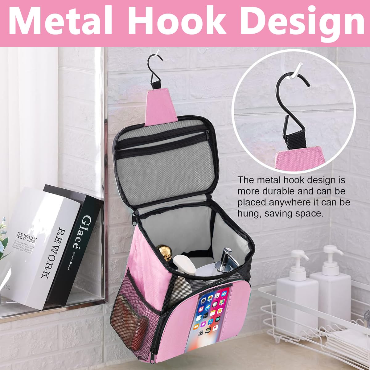 MAYCREATE Shower Bag, Portable Travel Shower Caddy Mesh Tote Bag with Phone Holder, Hanging Full Size Bottle Compatible Toiletry Bag, Black MAYCREATE Shower Bag, Portable Travel Shower Caddy Mesh Tote Bag with Phone Holder, Hanging Full Size Bottle Compatible Toiletry Bag, Black